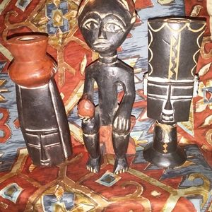 3 ASTOUNDING HANDCRAFTED GHANA FIGURINE AND CANDLE HOLDERS